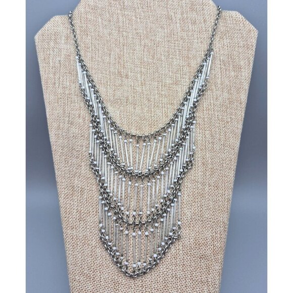 NY Signed Silver Tone Layered Cascade Statement Bib Collar Necklace 16" to 19" - Picture 2 of 6